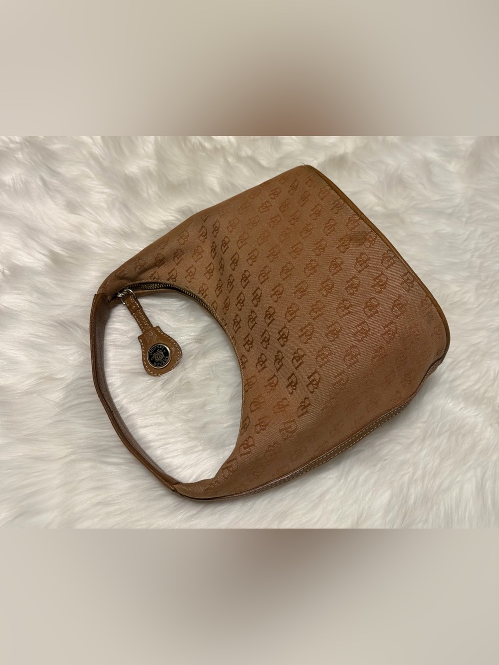 Dooney & Bourke Tan Monogram Signature Canvas & Brown Hobo Bucket Bag